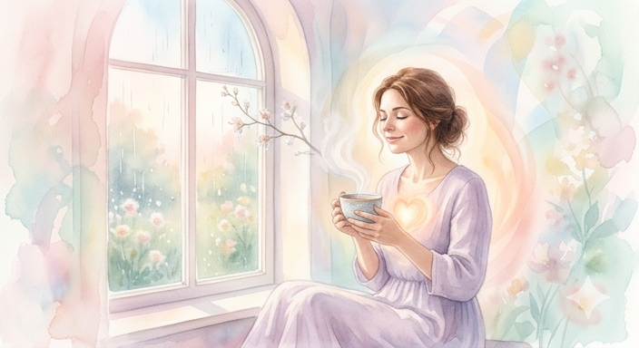 Aquarellzeichnung einer Frau, die friedlich mit einer Tasse Tee am Fenser Sitzt -Seelencafé Selbstfürsorge